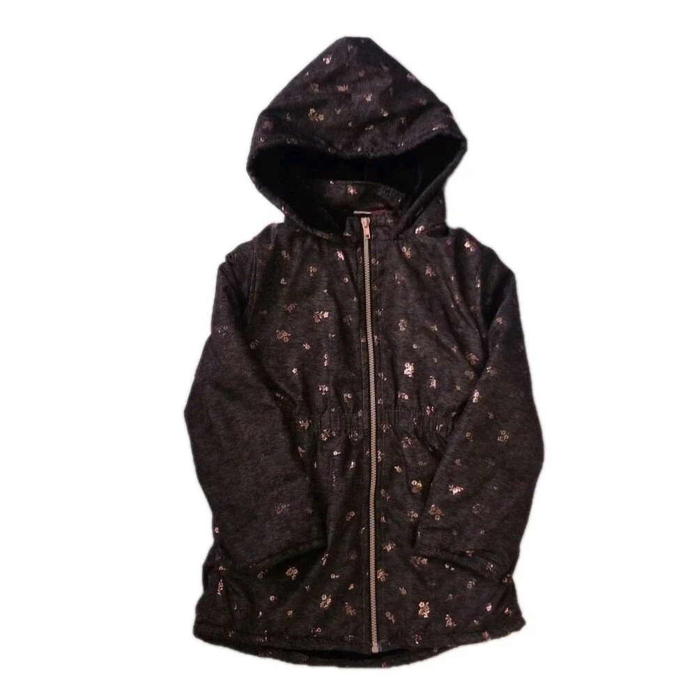 Penelope Mack Black Faux Fur Lined Hooded Coat sz 8 Girls Gold Floral Pattern